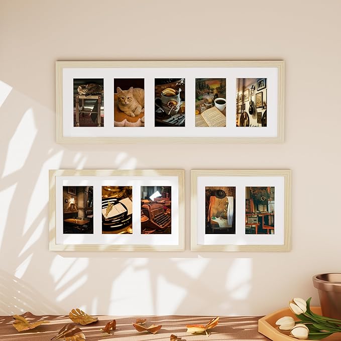 Vittanly 8x24 Collage Picture Frame, Displays 5Pcs 4x6 Pictures with Mat or 1Pcs 8x24 without Mat, Picture Frames Collage Wall Decor for Horizontal or Vertical Display, Nature Wood, 1 Pack