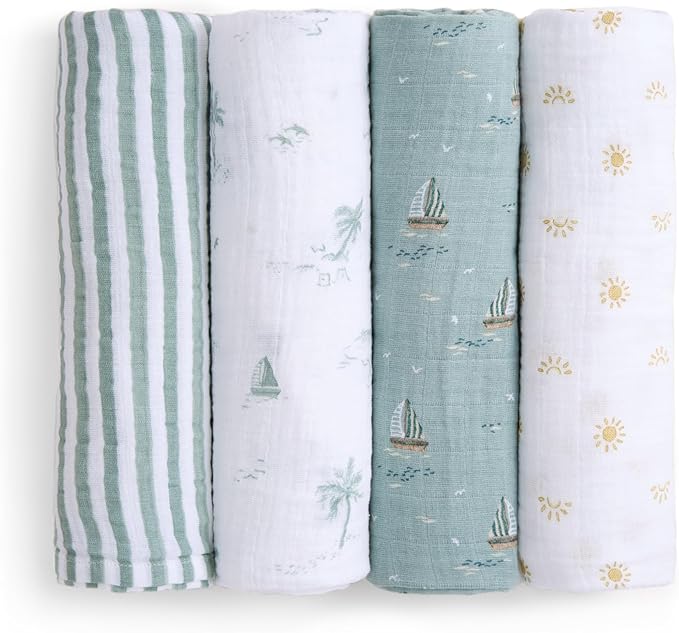 aden + anais Boutique Organic Swaddle Blanket 4-Pack – 100% Organic Cotton Muslin, Large, Soft, Breathable Receiving Blankets for Infants – Lightweight Multi-Use Baby Swaddles, Sailing Seas