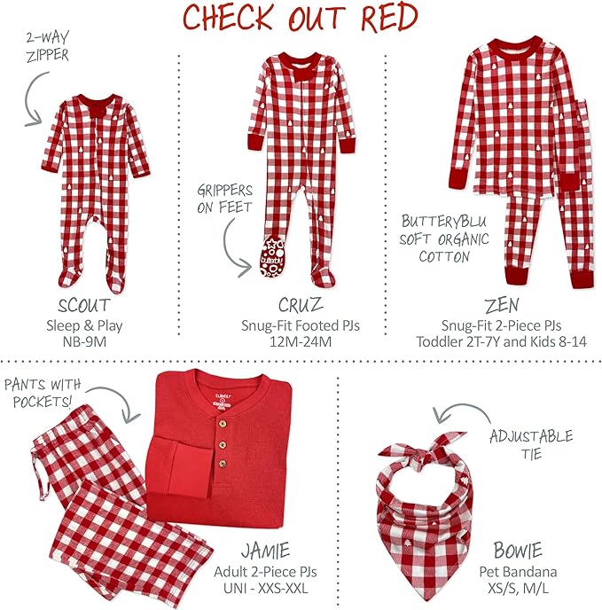 JAMIE Matching Family Jammies Holiday Pajamas 100% Organic Cotton PJs Adults, Kids, Toddlers, Baby, Pets