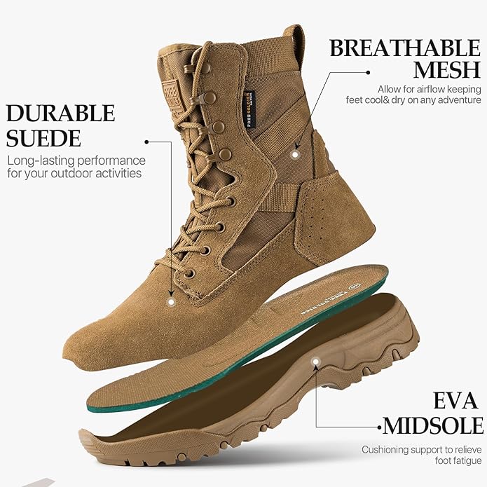 FREE SOLDIER Men's Work Tactical Boots 8 Inches Lightweight Combat Boots Durable Suede Leather Military Boot Desert Boot