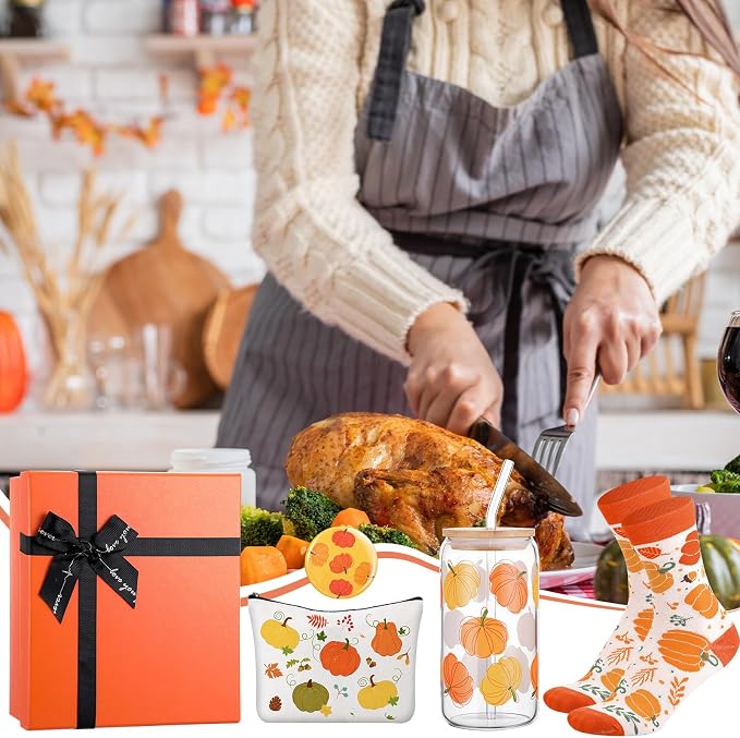 Kacctyen 5 Pcs Thanksgiving Gifts Basket for Women Orange Pumpkin Birthday Gift Basket 16 oz Pumpkin Cup with Lid Straw Makeup Bag Socks Mirror for Thanksgiving Friendsgiving Holiday Souvenirs