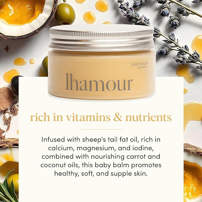 Lhamour Baby Balm 100% Natural Hand Made, 3.53oz Diaper Rash Cream for Baby with Organic Shea Butter, Beeswax, Coconut, Olive, Carrot Oils – Soothing All Purpose Oinment for Sensitive Baby Skin