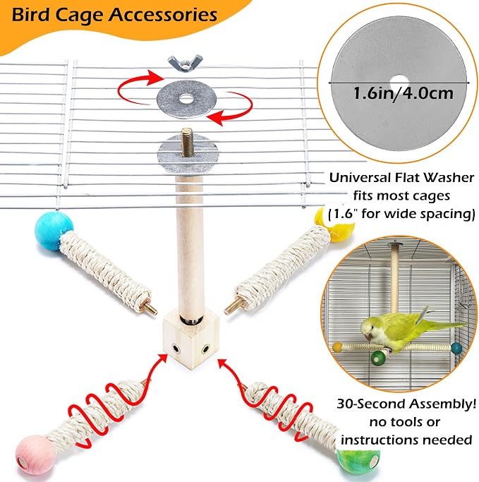 Large Bird Perch Toy, Interactive Wooden 360° Spinning Cage Toy(L) | Exercise Wheel Quaker Toy, Enrichment Bird Cage Accessories Perch Toys for Medium-sized Birds Cockatiel Ring-necked Caique