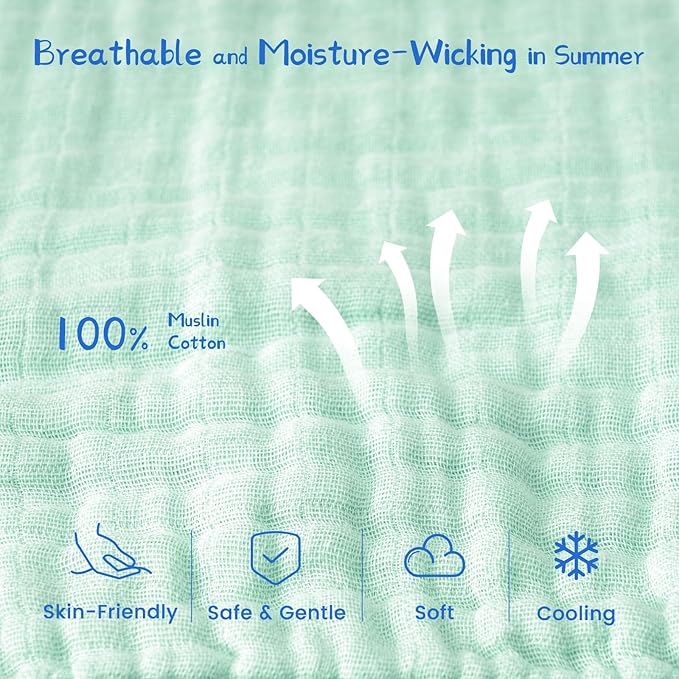 PHF 100% Muslin Cotton Baby Sleep Sacks, 0-6 Months Sleep Sack with 2-Way Zipper, 2 Pack Cooling Unisex 0.5 TOG Breathable Small Size Sleeveless Baby Wearable Blanket, Grey & Green