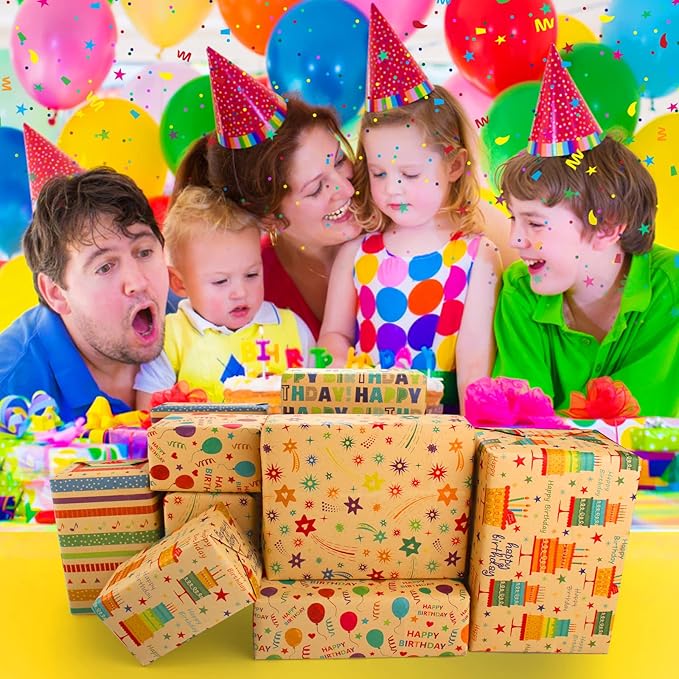 Recyclable Gift Wrap Set with Gift Tags & String - Birthday Wrap for Men, Women, Kids (6 Sheets, 28"Lx20"W per Sheet)