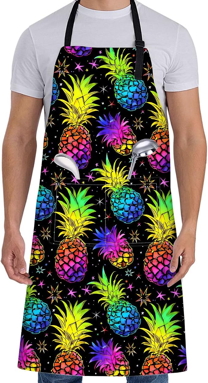 Neon Pineapple Apron for Women,28x33in, Colorful Fruit Kitchen Aprons with 2 Pockets,Oxford Fabric,Bright Adjustable Black Apron for Cooking Baking Gardening Chef,Gifts for Mom Wife