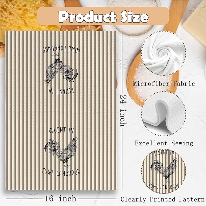 Chicken Kitchen Towels Funny Light Brown Stripe Dish Towel with Sayings 16x24 Inches, Chicken Lovers Gifts Absorbent Dishcloths Tea Towels for Kitchen Bathroom Decor, Humorous Gifts for Women