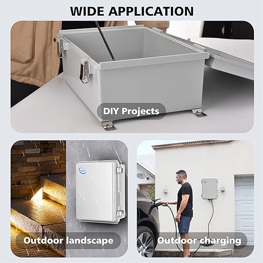 Waterproof Outdoor IP67 Junction Box (11.4"x7.5"x5.5") with Mounting Plate, Hinged Grey Cover and Wall Brackets - Weatherproof ABS Plastic Electrical Enclosure for DIY Projects (290x190x140mm)