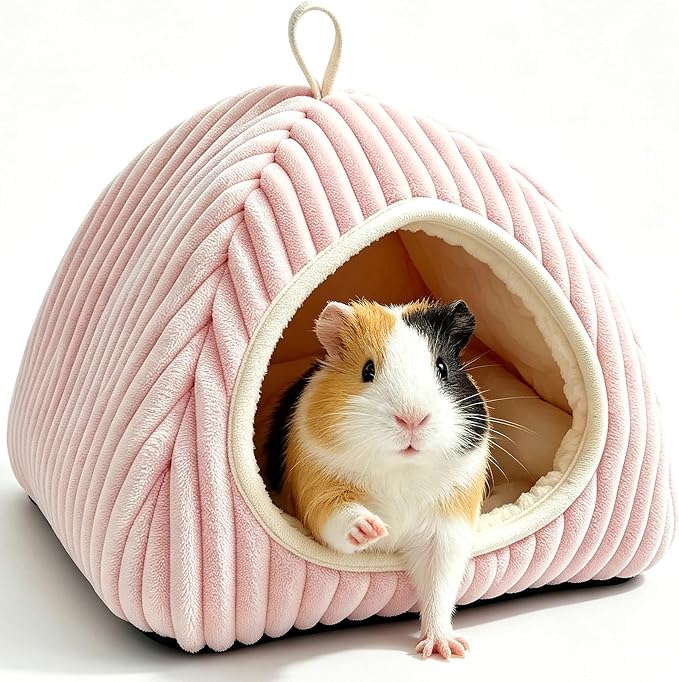 Guinea Pig Hideout Bed, Dwarf Rabbit Enclosed Cave,Pink | Small Animals Sleeping House with Removable Cushion, Foldable Washable Nest for Bunny, Hedgehog, Ferret, Chinchilla, Indoor
