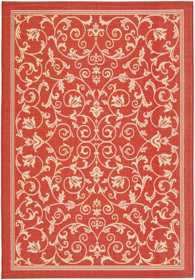 SAFAVIEH Washable Rug Outdoor Courtyard Collection - 5'3" Round, Red & Natural, Non-Shedding & Easy Cleaning, Ideal for Patio, Backyard, Mudroom (CY2098-3707)