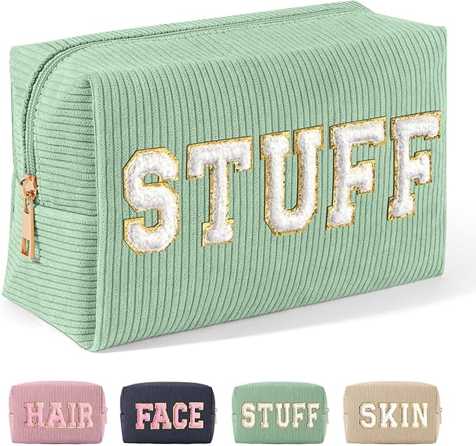 MAGEFY Small Makeup Bag for Purse Portable Makeup Pouch with Compartments Corduroy Make up Bag for Women Travel Cosmetic Essential (Green, STUFF)