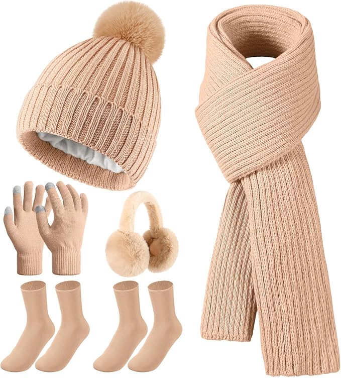 Geyoga 6 Pcs Winter Warm Set for Women Warm Beanies Hats Touchscreen Gloves Long Scarf Ear Muffs Socks Winter Gifts for Women