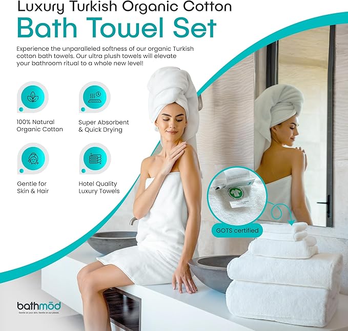 Luxury Bath Towels, 4 Pack - Ultra Plush, GOTS Organic Turkish Cotton - Extra Thick Towels - Ultra Absorbent and Extra Fluffy - for Bathroom, Spa, Hotel - White
