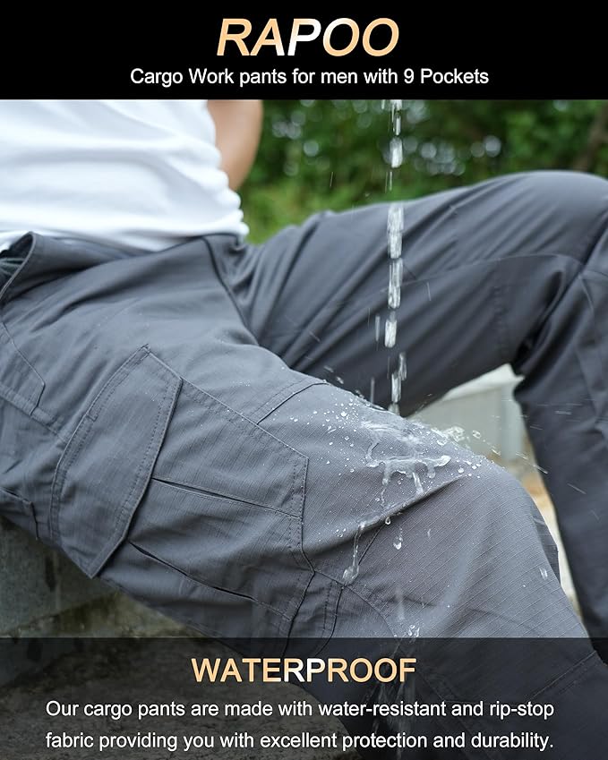 Rapoo Ripstop Water Resistant Cargo Tactical Pants for Men EDC Hiking Work Military Army Pants with 9 Pockets