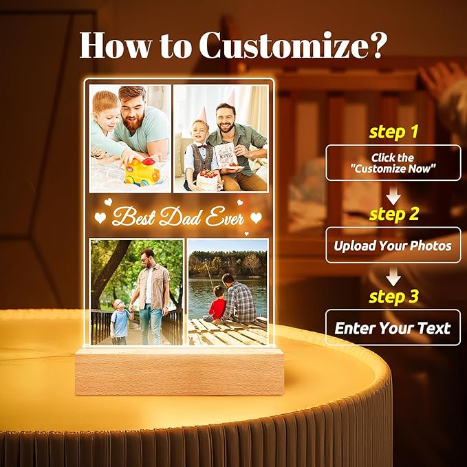 Best Dad Ever Gifts, Custom Collage Picture Frames with Night Light, Personalized Photo Frame, Customized Picture Frame with Photo, Personalized Christmas Birthday Gifts for Dad Baby Kids Family