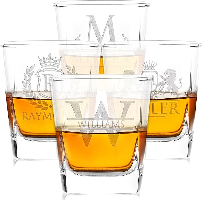 Amazing Items Set of 4 - Personalized Whiskey Glasses w/Name & Initial - 9 Designs - 9 oz, Limited Edition Monogrammed Rocks Glasses for Men, Dad Gifts