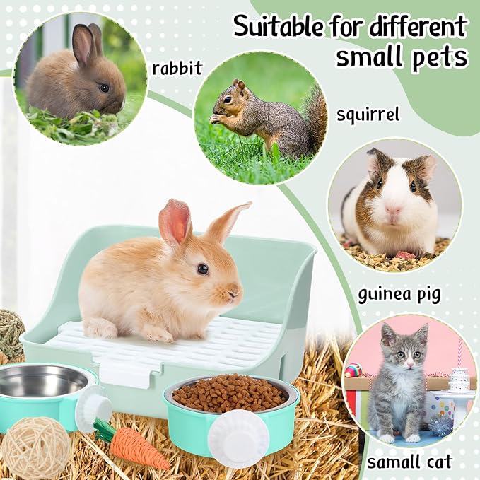 Reallnaive 15 Pcs Rabbit Starter Kit Small Rabbit Litter Box Girls Gift Animal Grooming Kit Bunny Toys Bowl Blankets with Cleaning Set for Guinea Pig Accessories(Green)