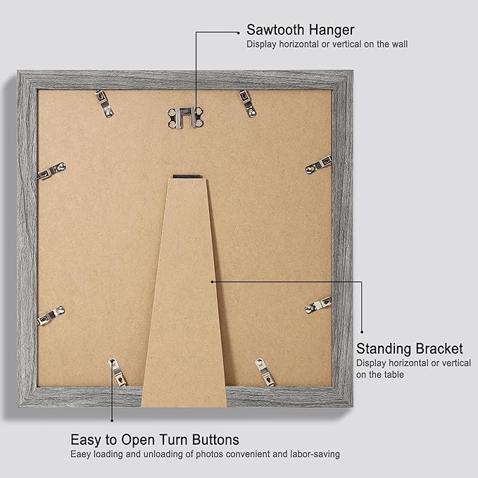 12x12 Picture Frame Set of 4 - Made of Glass and Grey Wooden Frame, Display Square Pictures 10x10 with Mat or 12 x 12 without Mat, Desktop & Wall Collage Photo Frame