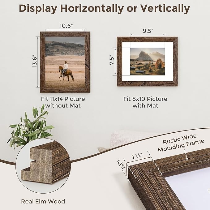 Fun Memories 11x14 Picture Frame-Real Tempered Glass, Rustic Wooden Photo Frames 11 x 14, Display Pictures 8x10 with Mat or 11"x14" Without Mat, 11 x14 Picture Frame for Wall Mounted, Walnut, 1 Pack