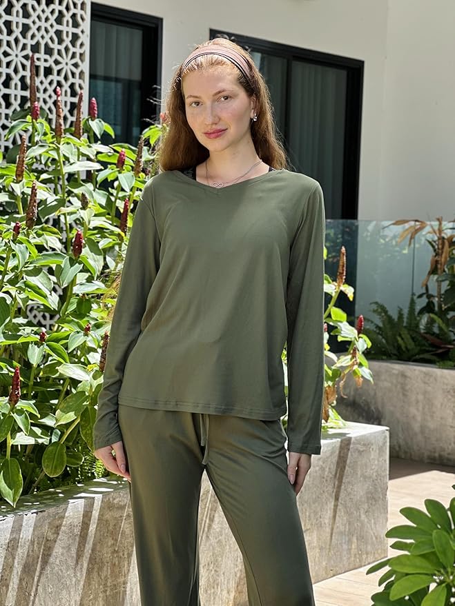 Ekouaer Womens 2 Pack Pajama Set Long Sleeve Pajamas Top and Pants V Neck Pjs Set Soft Loungewear with Pockets