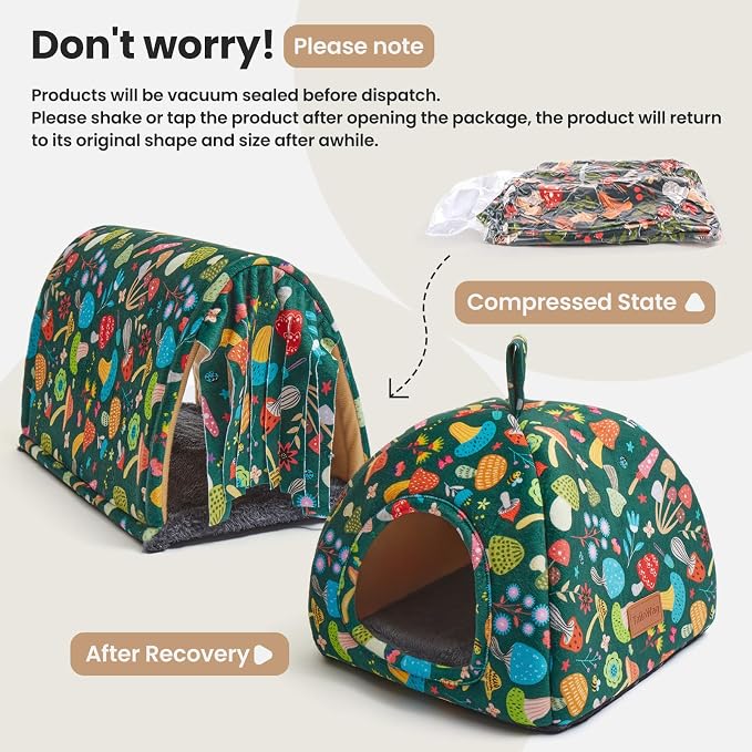 Guinea Pig Hideout Soft Large Bed Tunnel with Door Curtain 2 Pack Guinea Pig Toys Set Bunny Bed Cage Accessories for Small Animals (Blackish Green Mushroom)