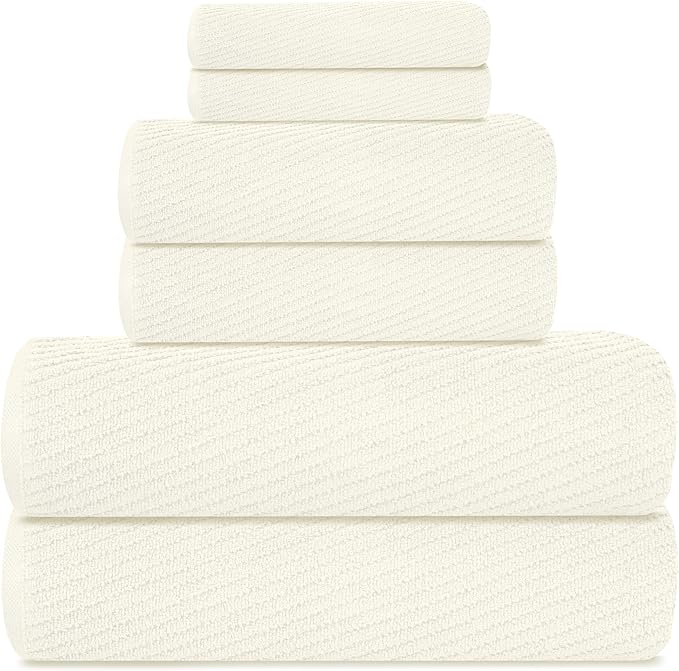 Tens Towels Pack of 6 Zero Twist Towels Set, 2 Bath, 2 Hand, 2 Waschloths, 100% Cotton, Light Weight, Extra Absorbent, Exceptional Softness, Perfect for Bathroom (Ivory)