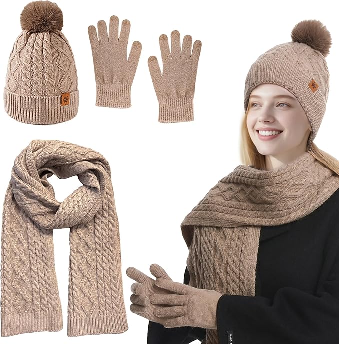 QUIRAI Winter Hat Gloves Scarf Set Women, Fleece Lined Beanie with Pom, Scarf Neck Warmer Touchscreen Gloves 3 in 1 Gift Set