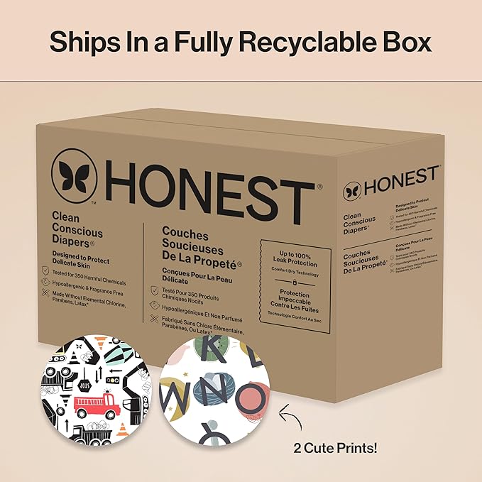 The Honest Company Clean Conscious Diapers for Sensitive Skin, Up to 100% Leakproof Hypoallergenic Fragrance-Free Baby Diapers, Gender Neutral Prints, Super Club Box, Size 5 (27+ lbs), 84 Count