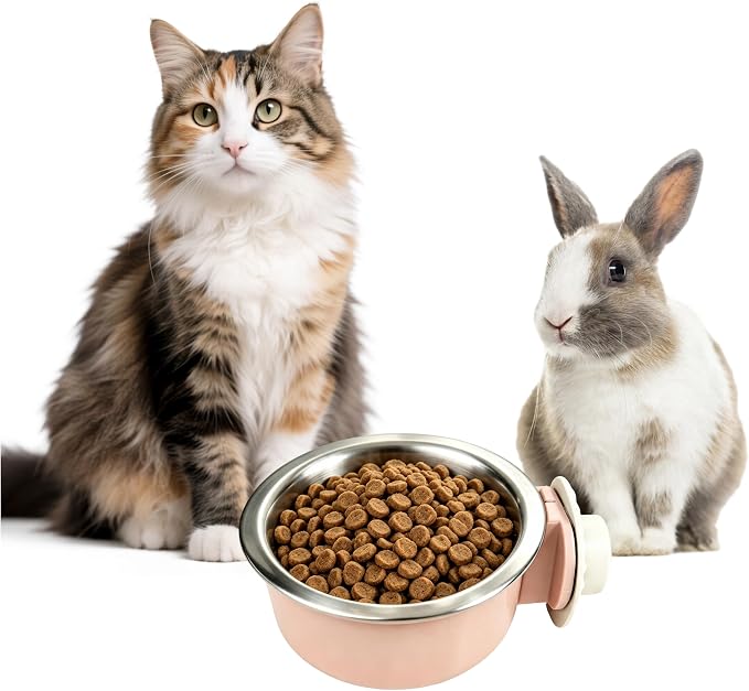 2Pcs Pets Lightweight Stainless Steel Bowl,Removable Stainless Steel Pet Hanging Food Water Feeder Bowl for Puppy Dog Cat Rabbit Ferret Bird Gunea Pigs (Pink-Medium)