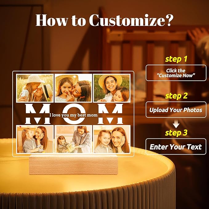 Personalized Birthday Gifts for Mom from Daughter Son, Custom Collage Picture Frames with Photos, Customized Photo Frame with Night Light, Personalized Christmas Gifts for Mom Kids Baby Family