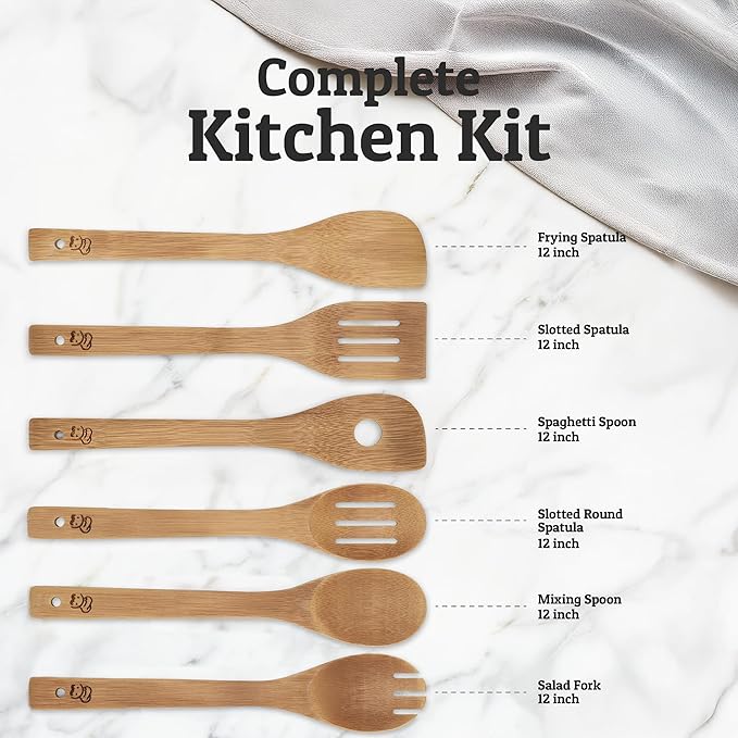 PriorityChef Wooden Spoons for Cooking, 6Pc with Utensil Holder, Non Scratch Bamboo Cooking Utensils, Non-Toxic Wooden Utensil Set, Easy to Clean Kitchen Utensils Set for All Cookware Types