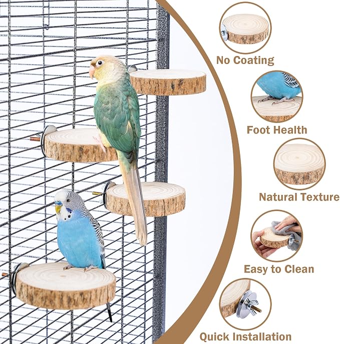 Bird Perches for Cage, 4PCS Natural Wood Bird Cage Accessories for Bird Stand, Round Parrot Flat Perch for Parakeets, Budgies, Cockatiels, Lovebirds, Conures(2.76 inches)