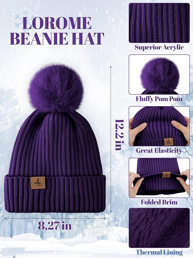 LOROME Women Winter Beanie Hat Scarf Gloves Set, Fleece Knitted Pompom Hat Warm Neck Scarf Touchscreen Gloves Winter Gift