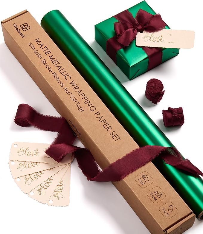 Vitalizart Green Matte Metallic Wrapping Paper Set 17" With Red Silk Like Satin Ribbon & Gift Tags Recyclable Eco-Friendly Christmas Gift Wrapping Birthday Baby Shower Wedding Handmade Crafts 197"(16.4 Ft)