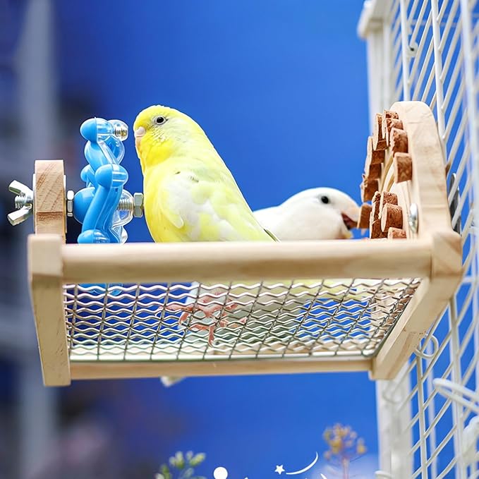 Bird Perches Platform,Stainless Steel Bird Stand with Rotating Spinner & Natural Cork Chew Toy,9.1''L*6.5''W*4.3''H Grid Parrot Perch Stand Shelf,Bird Cage Accessories for Small/Medium Parrots
