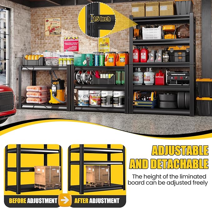 5-Tier Garage Shelving Heavy Duty, 2500LBS Garage Shelves, Adjustable Metal Shelving Unit, Garage Storage Shelves, Utility Storage Rack Shelf，Shelves for Garage Storage, 72" H×35.4" W×16" D