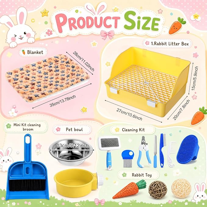 Reallnaive 15 Pcs Rabbit Starter Kit Small Rabbit Litter Box Girls Gift Animal Grooming Kit Bunny Toys Bowl Blankets with Cleaning Set for Guinea Pig Accessories(Yellow)