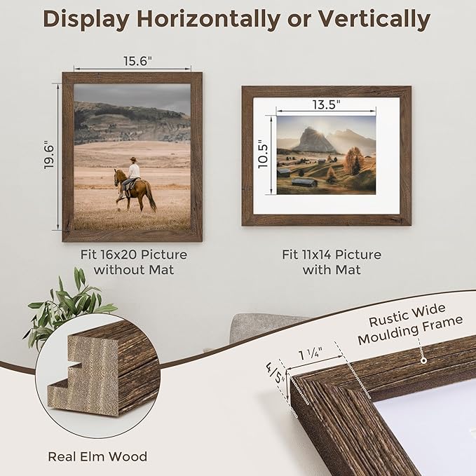 Fun Memories 16x20 Picture Frame, Solid Elm Wood Picture Frame with Tempered Glass, 16 x 20 Frame matted to 11x14, Rustic Picture Frames, 16x20 Picture Frames for Wall Decoration, Walnut, 1 Pack