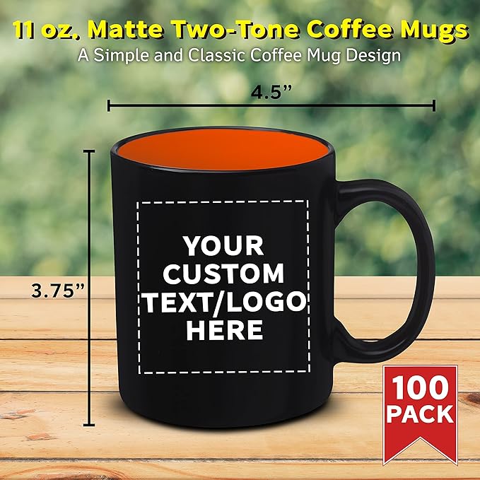 DISCOUNT PROMOS 100 Matte Two-Tone Coffee Mugs Set, 11 oz. - Customizable Text, Logo - Stoneware, Drinkware, Durable, C-handle - Orange