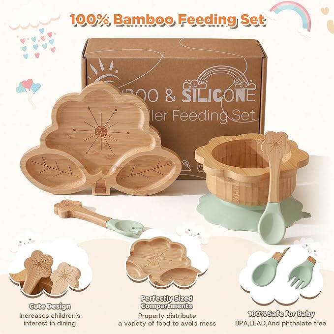 Bamboo Suction Plates Bowls Set for Baby Toddler - Includes Bamboo Bowl, Divided Plate, Silicone Fork & Spoon, All-Natural Baby Feeding Set for Baby-Led Weaning