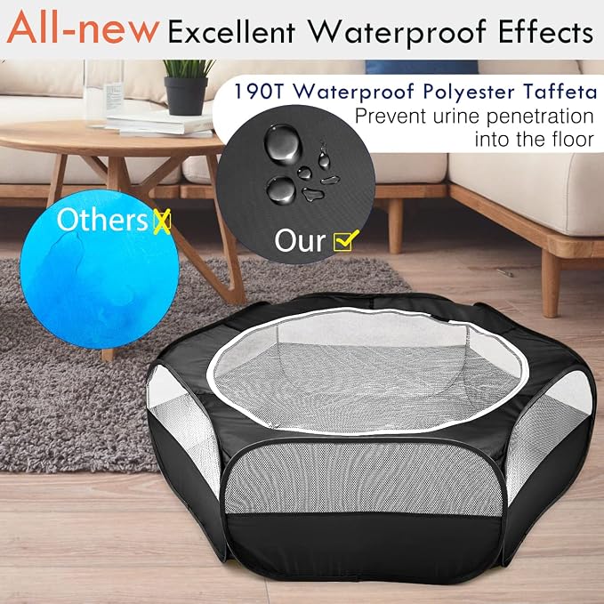 Pawaboo Small Animal Playpen with Zippered Cover, Black | Portable pop-up pet tent for supervised rabbits, guinea pigs, chicks and kittens; water-resistant bottom and 3 metal rods