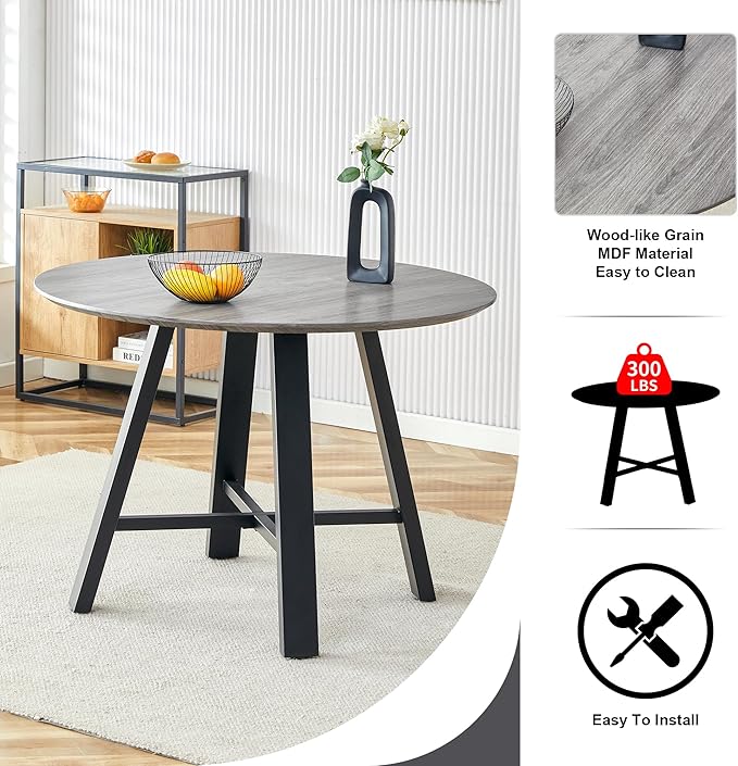 Round Dining Table Set for 4, Modern Kitchen Dining Table and Chairs Set for 4,42" Dining Room Table Set for 4,Round Wood Table Set for 4 with Gery Fabric Chairs for Small Space Kitchen Office