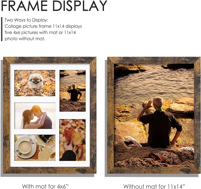 11x14 Collage Picture Frame, 4x6 Collage Picture Frame, Displays Five 4x6 inch Photos, or 11x14 (Without Mat) Wall Decor Wall Hanging or Tabletop, Brown.