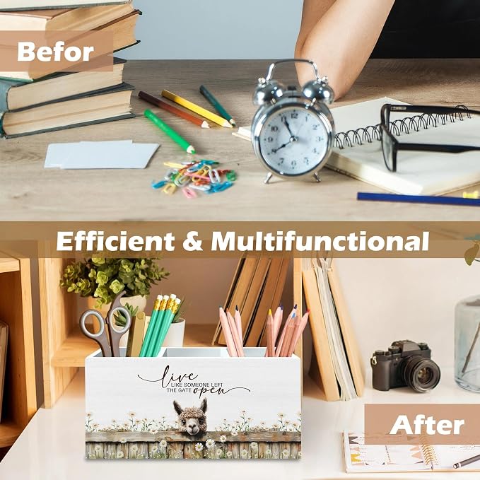 DILSJ Alpaca Inspirational Pen Pencil Holder Organizer for Desk, Alpaca Gifts for Women, Live Like Someone Left the Gate Open Wooden Box Signs for Home Office Desk Tabletop Decoration