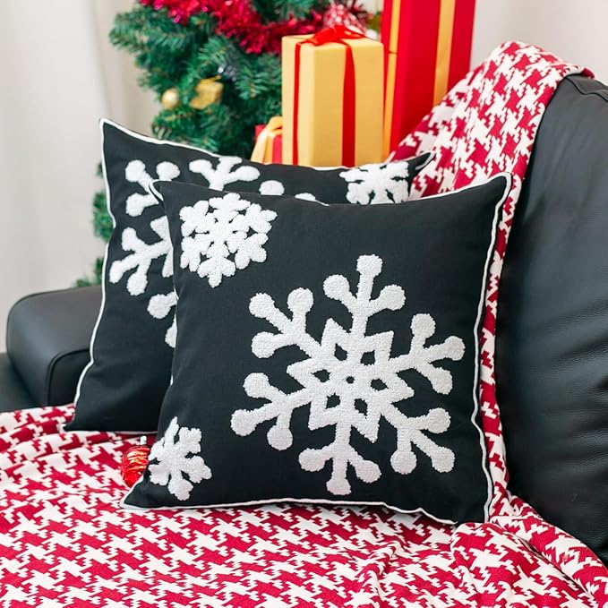 Elife Soft Square Christmas Snowflake Home Decorative Canvas Cotton Embroidery Throw Pillow Covers 18x18 Cushion Covers Pillowcases for Sofa Bed Chair (1 Pair, Black)