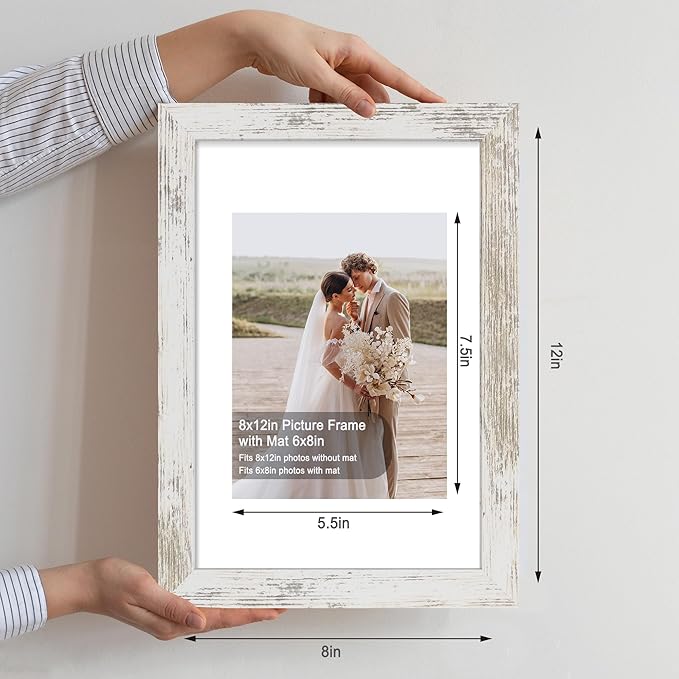8x12 Picture Frame Set of 4, Made of Real Glass and Multicolour Wooden Frame, 8 by 12 Photo for Wall or Tabletop - Display Picture 6x8 with Mat or 8x12 Without Mat