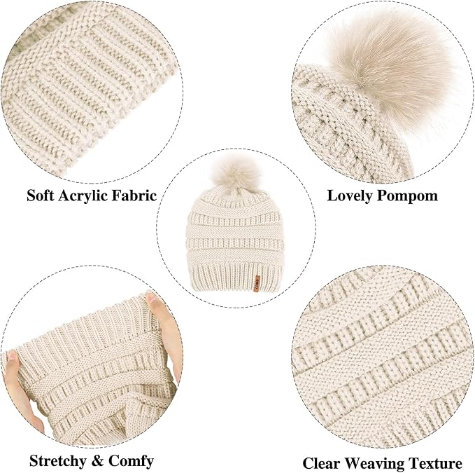 Aneco Womens Winter Warm Sets Knitted Fur Pompoms Beanie Hat Circle Loop Scarf Touch Screen Gloves Winter Favor Accessories