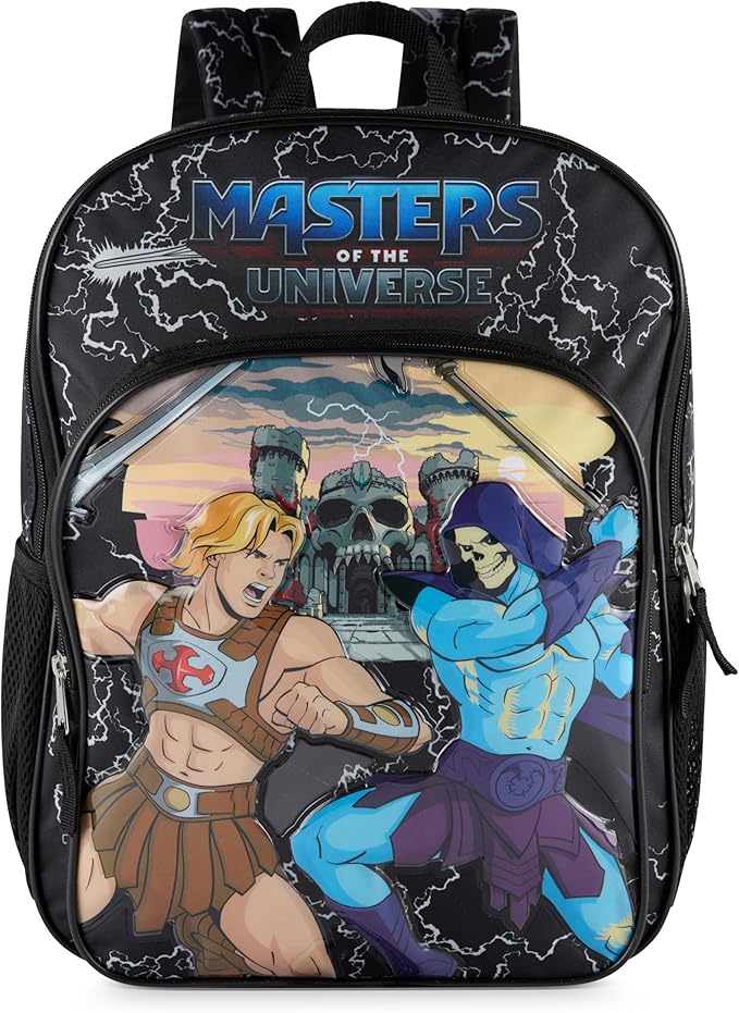 AI ACCESSORY INNOVATIONS Masters of the Universe Castle Grayskull Backpack for Kids, 16 Inch Bookbag featuring He-Man & Skeletor, Black