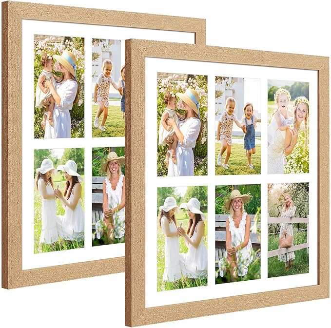 13x13 Collage frame with 6 Openings 4X6 Pictures, Multiple Picture Frame with Mat, Wall or Tabletop Decor, Natural Wood Grain,2 Pack
