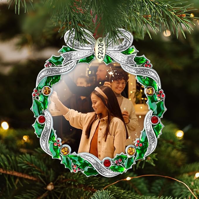 Christmas Tree Ornament Picture Frame Metal Hanging Pendant Holiday 2.5" Photo Frame Charm Decorative of Pets, Baby First Christmas, Family (2025 Christmas Wreath)